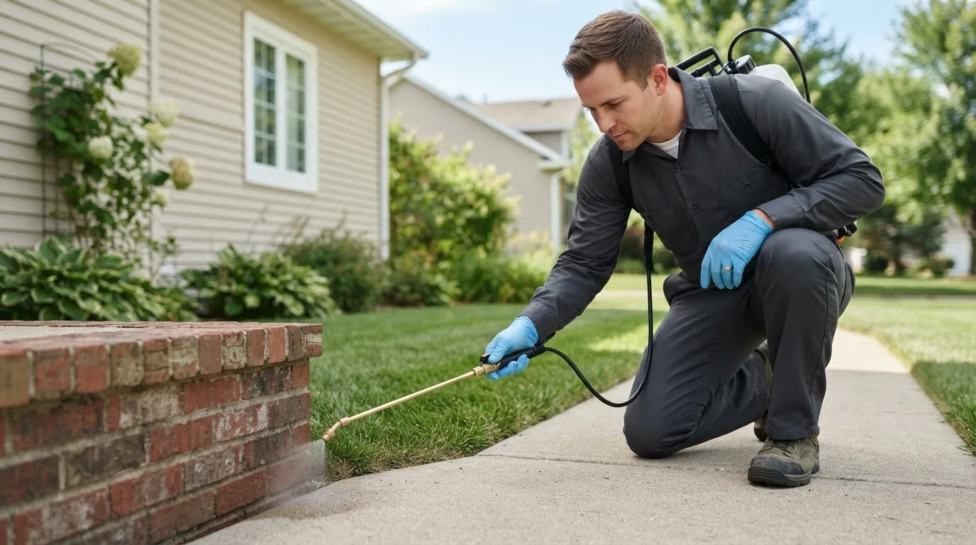 Pest control technician treating a home near Elm Creek, NE