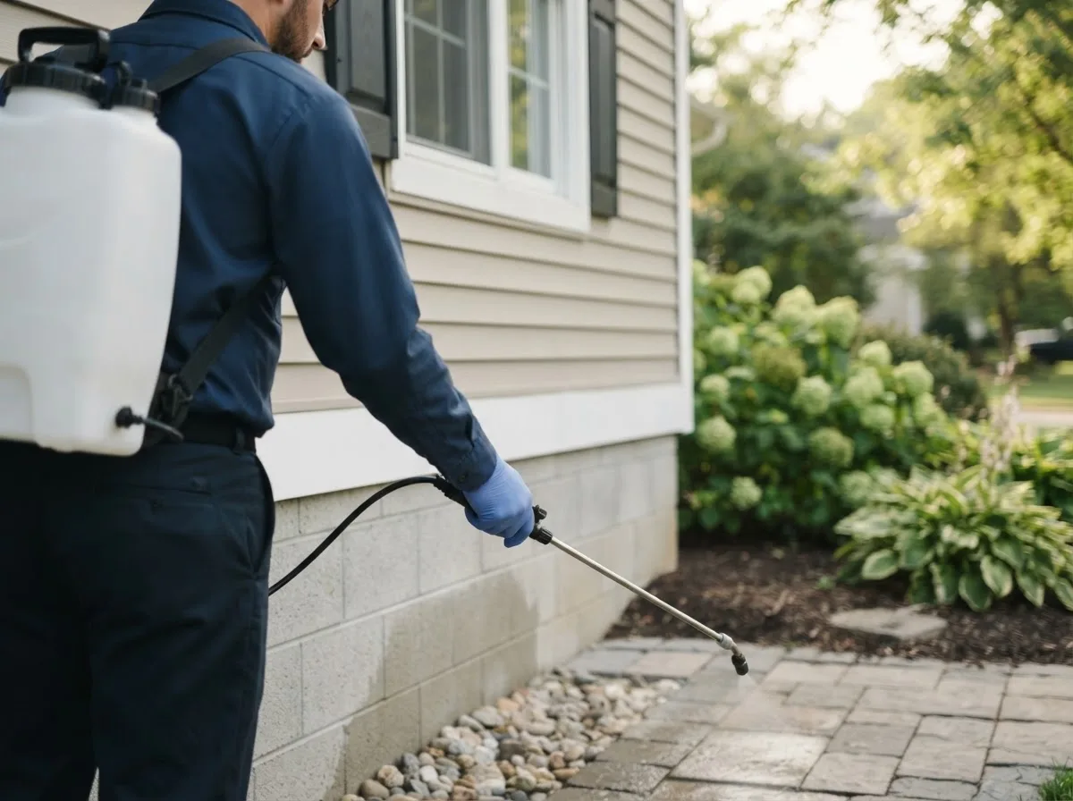 Pest control technician inspecting a home in Elm Creek, NE
